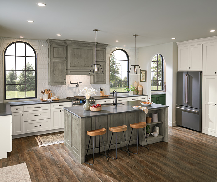 Culver Painted Agreeable Gray and Foxhall Green with Rustic Alder Thicket Kitchen Cabinets