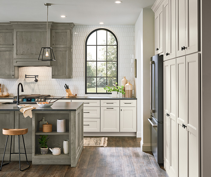 Culver Painted Agreeable Gray and Foxhall Green with Rustic Alder Thicket Kitchen Cabinets