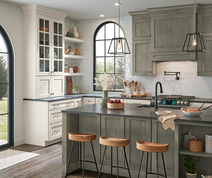 Culver Painted Agreeable Gray and Foxhall Green with Rustic Alder Thicket Kitchen Cabinets