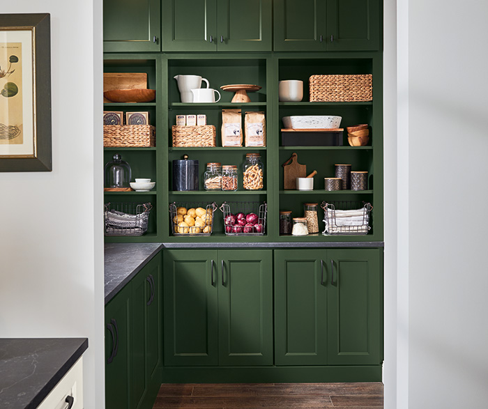 Culver Painted Agreeable Gray and Foxhall Green with Rustic Alder Thicket Kitchen Cabinets