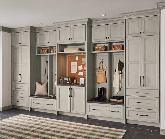 Transitional Mudroom Cabinets in Dunes Weathered Finish