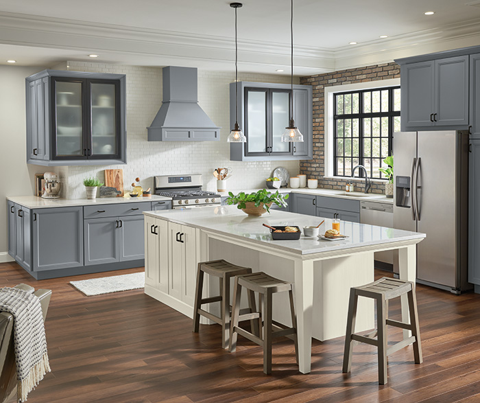 Vista Painted Serious Gray and Basden TrueColor Glacier Kitchen Cabinets